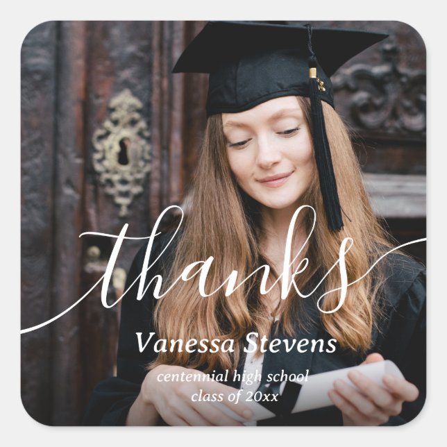 Elegant Script Custom Photo Graduation  Square Sticker (Front)