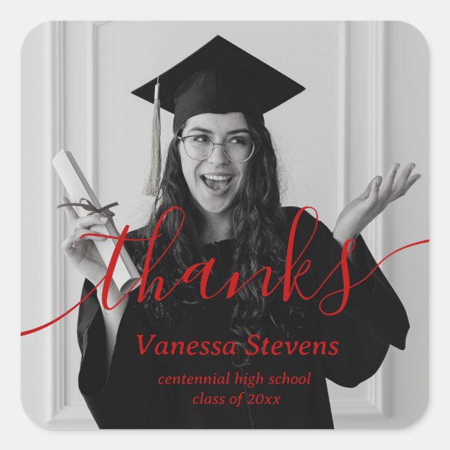Elegant Script Custom Photo thanks Graduation  Square Sticker (Front)