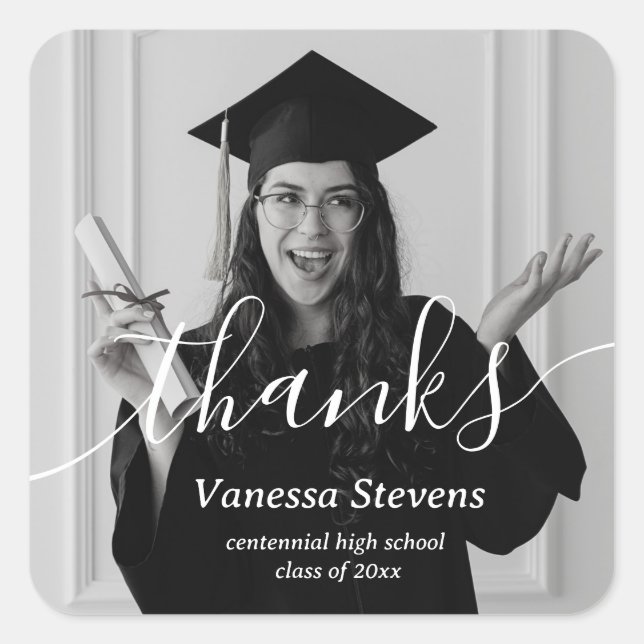 Elegant Script Custom Photo thanks Graduation  Square Sticker (Front)
