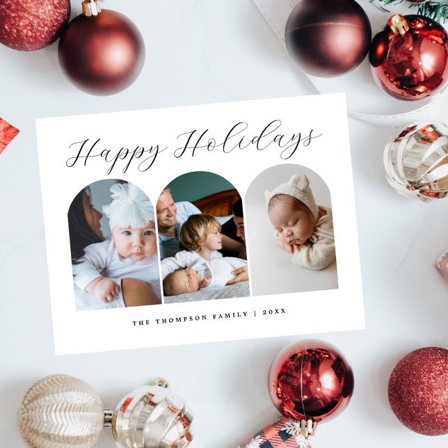 Elegant Script Customized Three Photo Christmas Holiday Postcard (Creator Uploaded)
