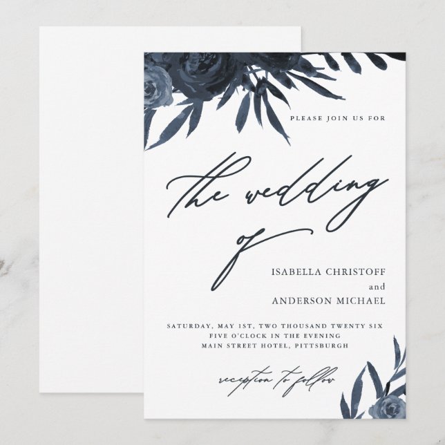 Elegant Script Dark Blue Floral Wedding Invitation (Front/Back)