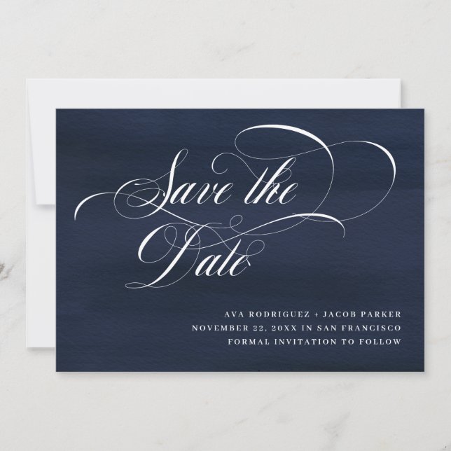 Elegant Script | Dark Blue Save The Date (Front)