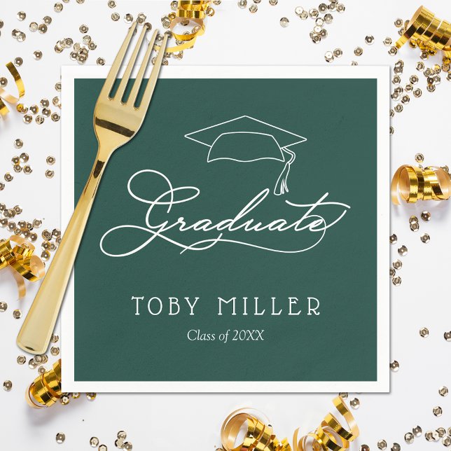 Elegant Script Dark Green Graduation Napkins (White script grad cap on dark green personalized graduation party napkins, paper plates in our store)