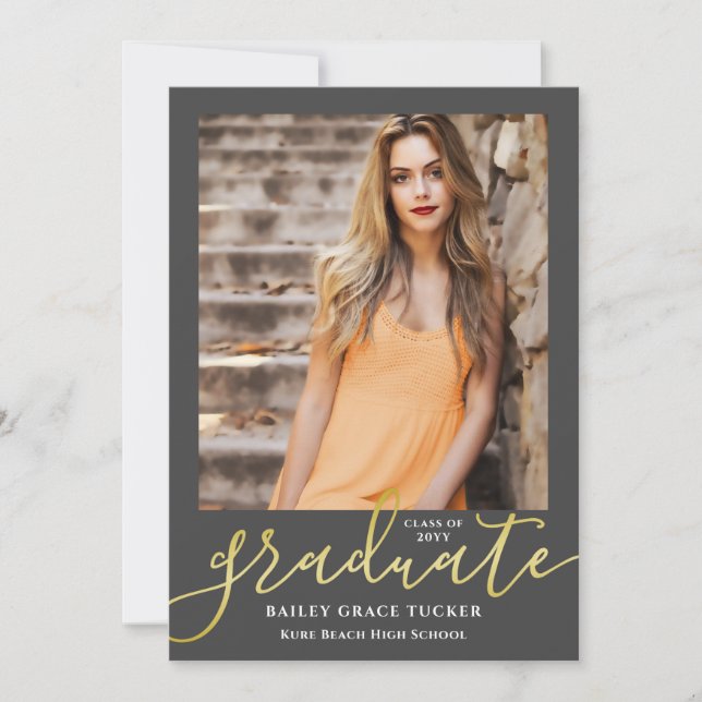 Elegant Script Dark Grey Gold 2-Photo Graduation Announcement (Front)