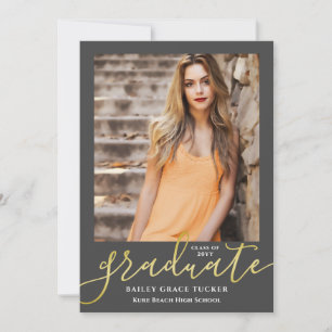 Elegant Script Dark Grey Gold 2-Photo Graduation Announcement