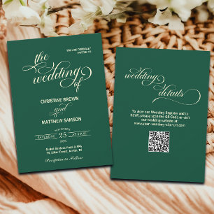 Elegant Script Details Back QR Code Teal Wedding Invitation