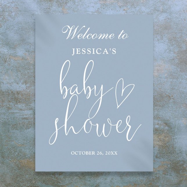 Élégant Script Dusty Baby shower bleu Affiche de b (Elegant Script Dusty Blue Baby Shower Welcome Sign)