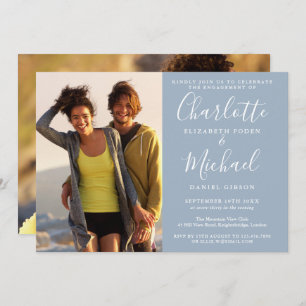 Elegant Script Dusty Blue 2 Photo Engagement Party Invitation