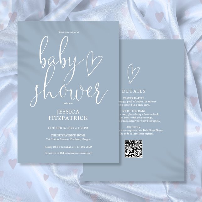 Elegant Script Dusty Blue All In One Baby Shower Invitation (Creator Uploaded)