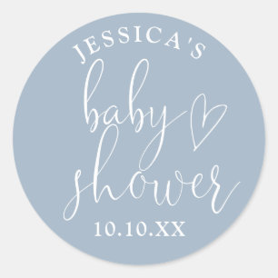 Elegant Script Dusty Blue Baby Shower Favour Classic Round Sticker