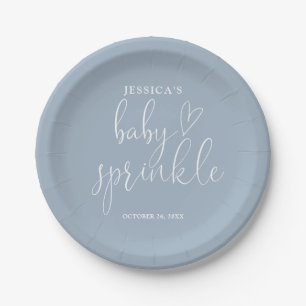 Elegant Script Dusty Blue Baby Sprinkle Shower Paper Plate