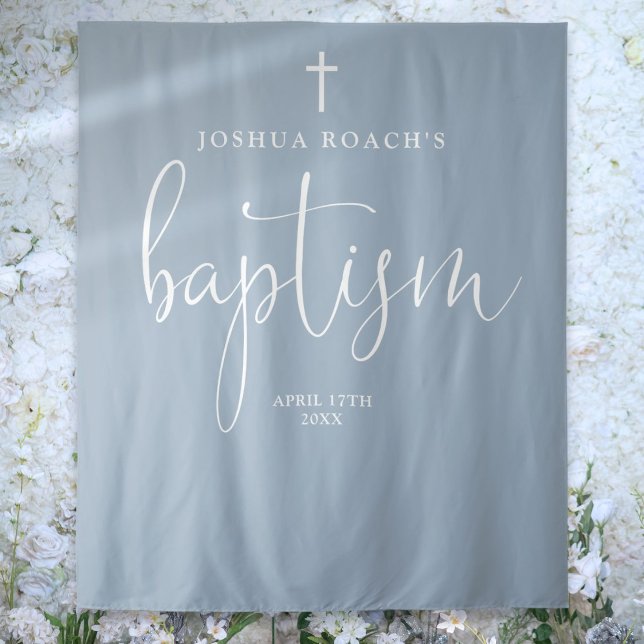 Elegant Script Dusty Blue Baptism Photo Backdrop Tapestry (Elegant Script Dusty Blue Baptism Photo Backdrop)