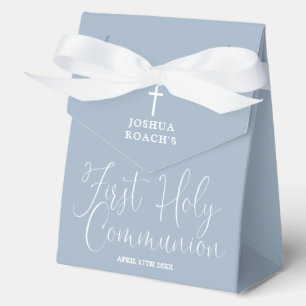 Elegant Script Dusty Blue First Holy Communion Favor Box