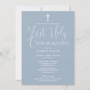 Elegant Script Dusty Blue First Holy Communion Invitation