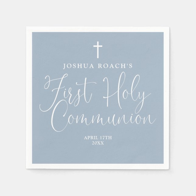 Elegant Script Dusty Blue First Holy Communion Napkin (Front)