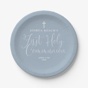 Elegant Script Dusty Blue First Holy Communion Paper Plate