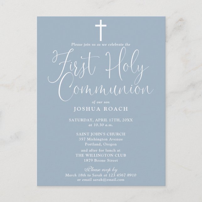 Elegant Script Dusty Blue First Holy Communion Postcard (Front)
