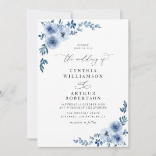 elegant script dusty blue floral wedding invitation