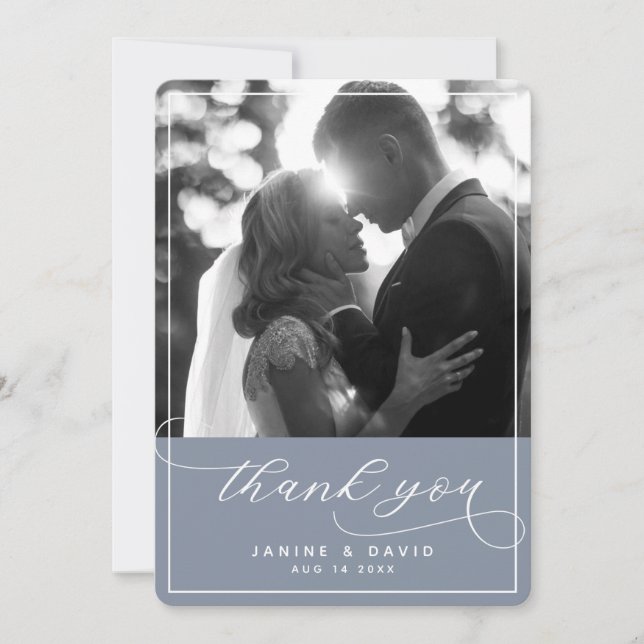 Elegant Script Dusty Blue Modern Wedding Photo Thank You Card (Front)