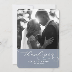 Elegant Script Dusty Blue Modern Wedding Photo Thank You Card