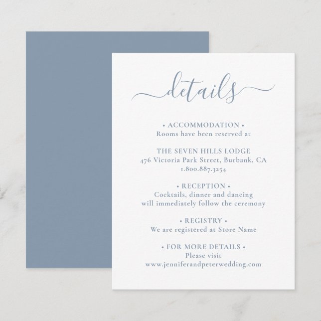 Elegant Script Dusty Blue Wedding Details Enclosure Card (Front/Back)