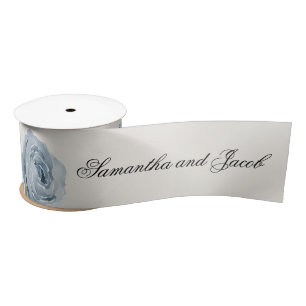 Elegant Script Dusty Blue Wedding  Satin Ribbon