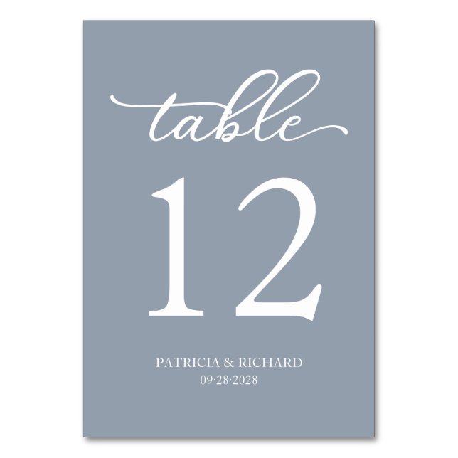 Elegant Script Dusty Blue Wedding Table Number (Front)