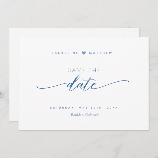 Elegant Script, Dusty Blue ,White Simple Wedding Save The Date (Front/Back)