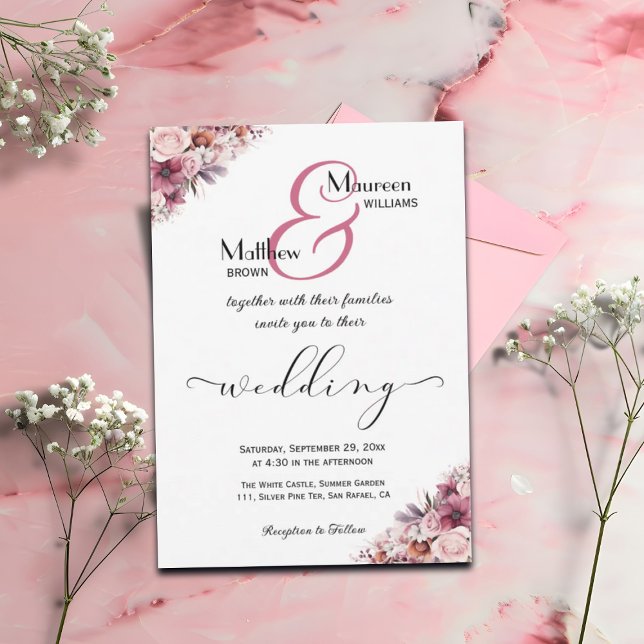 Elegant Script Dusty Pink Boho Floral Wedding Invitation (Creator Uploaded)