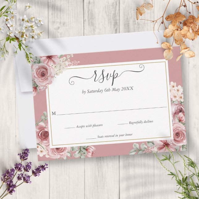 Elegant Script Dusty Rose Floral Wedding RSVP Card (Elegant Script Dusty Rose Floral Wedding RSVP Card)
