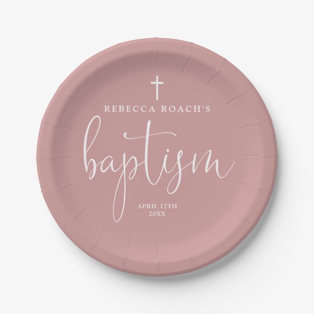 Elegant Script Dusty Rose Pink Baptism Paper Plate (Front)