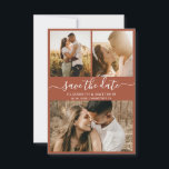 Elegant Script Earthy Rust Photo Collage Wedding  Save The Date<br><div class="desc">Elegant modern script  3 photo collage modern terracotta rust burnt orange wedding save the date announcement card. Chic minimalist design template feature three (3) couple photo collage and elegant cursive hand lettering typography script „Save the Date” text. If you need help or matching items,  please contact me.</div>