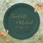 Elegant Script Emerald Green And Gold Wedding Paper Plate<br><div class="desc">Elegant signature emerald green and gold wedding paper plates personalized with signature style names and your special wedding date. Designed by Thisisnotme©</div>