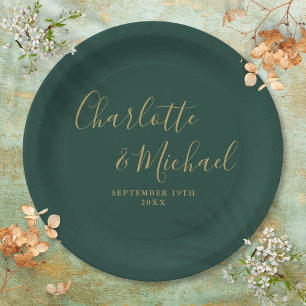 Elegant Script Emerald Green And Gold Wedding Paper Plate