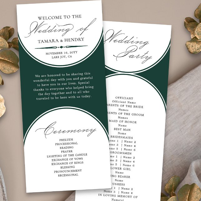Elegant Script Emerald Green Arch Wedding Program (Elegant wedding program order of service in emerald green from my Wedding Colors collection)