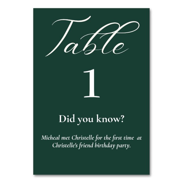 Elegant script emerald green Fun facts wedding Table Number (Front)
