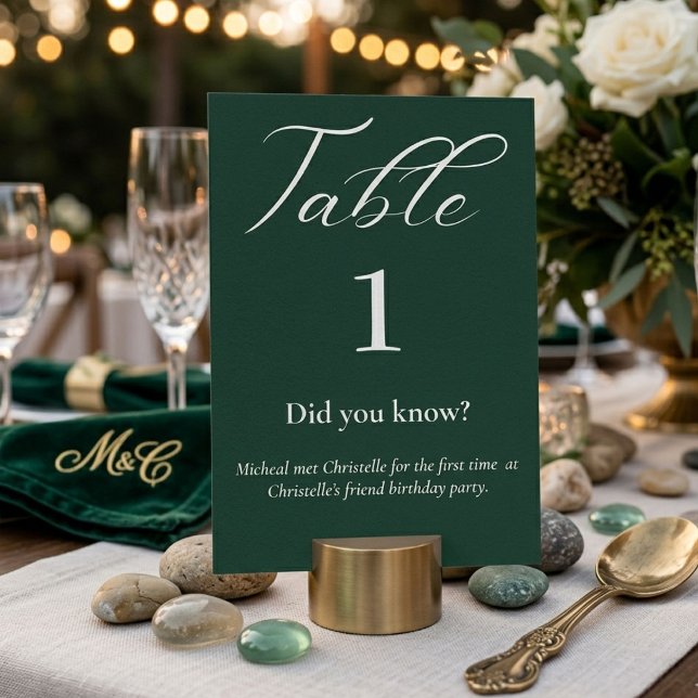 Elegant script emerald green Fun facts wedding Table Number (Creator Uploaded)