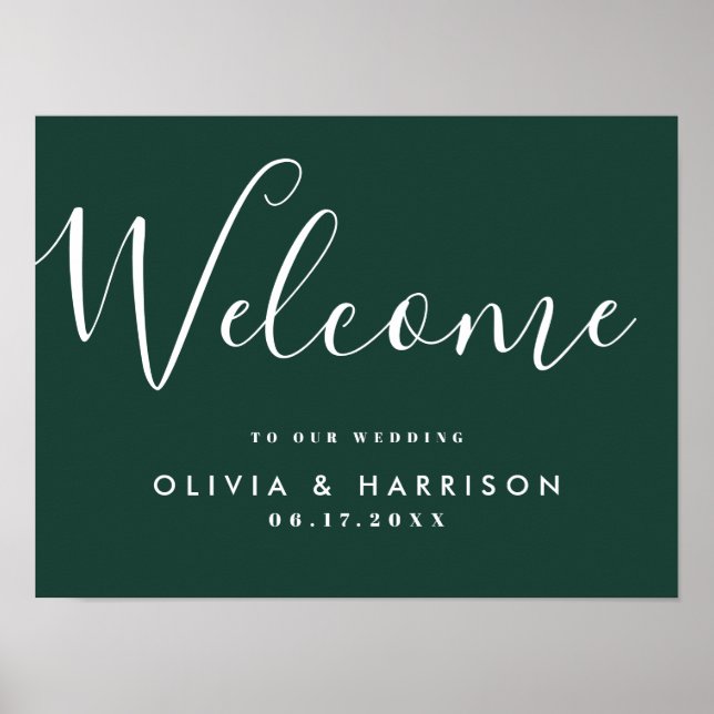 Elegant Script Emerald Green Wedding Welcome Sign (Front)