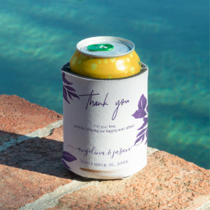Elegant Script Emerald Purple Eucalyptus Wedding Can Cooler