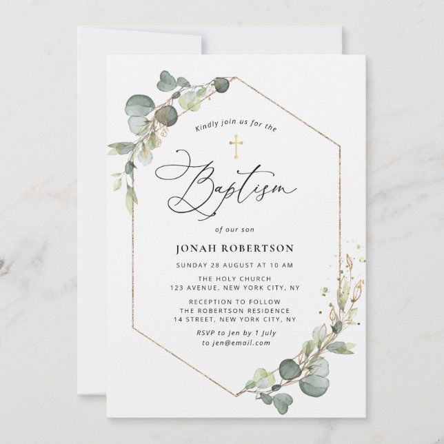 Elegant script eucalyptus frame baptism invitation (Front)