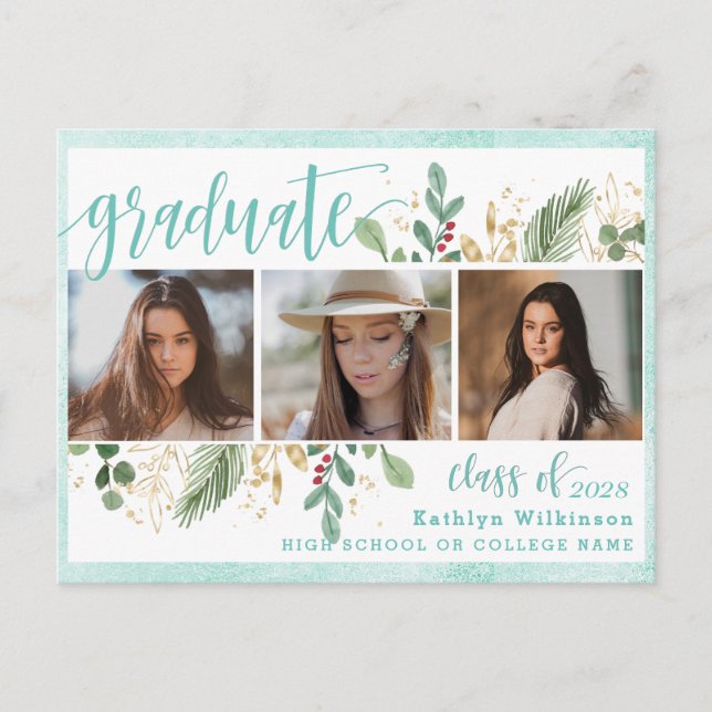 Elegant Script Eucalyptus Greenery 3 Photo Grad Invitation Postcard (Front)