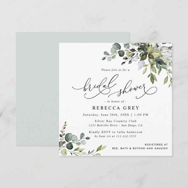 Elegant Script Eucalyptus Greenery Bridal Shower Invitation (Front/Back)