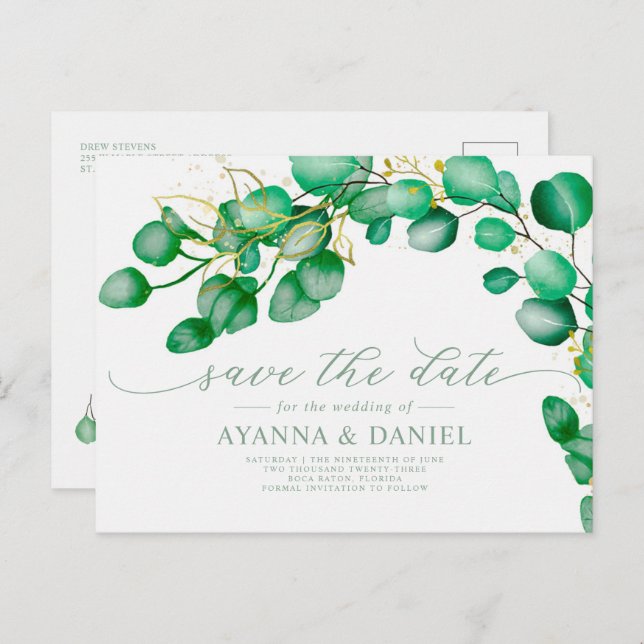 Elegant Script Eucalyptus Greenery Save The Date Postcard (Front/Back)