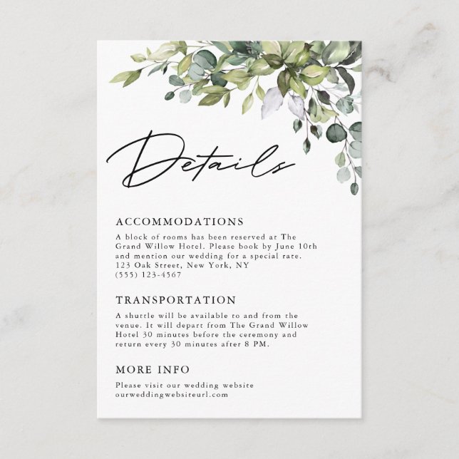 Elegant Script Eucalyptus Greenery Wedding Details Enclosure Card (Front)