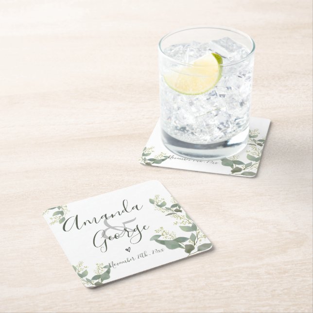 Elegant Script | Eucalyptus Leaves | Wedding Party Square Paper Coaster (Insitu)