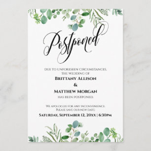 Elegant Script Eucalyptus Postponed Wedding Card
