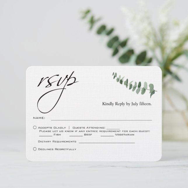 Elegant Script Eucalyptus QR Code Wedding rsvp Card (Standing Front)