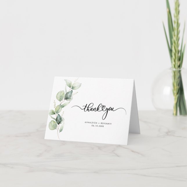 Elegant Script Eucalyptus Wedding Thank You Card (Front)