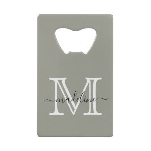 Elegant Script Evergreen Fog Monogram Credit Card Bottle Opener