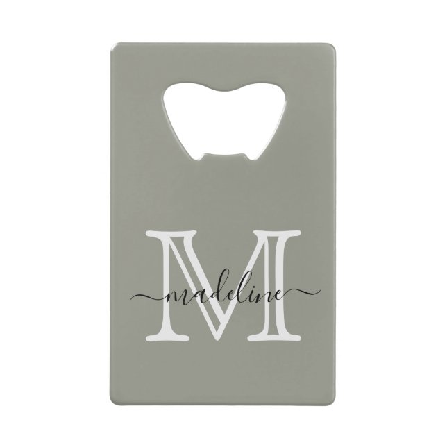Elegant Script Evergreen Fog Monogram Credit Card Bottle Opener (Front)